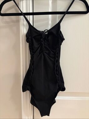 Black Lace-Up One-Piece Slit Weave Bodysuit
